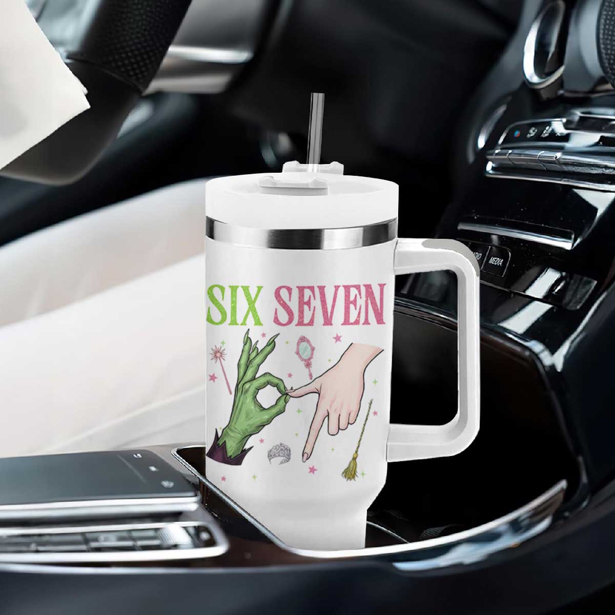 Funny Six Seven Witch Pink And Green Broomstick Magic Wand Tumbler With Handle TS11 Print Your Wear