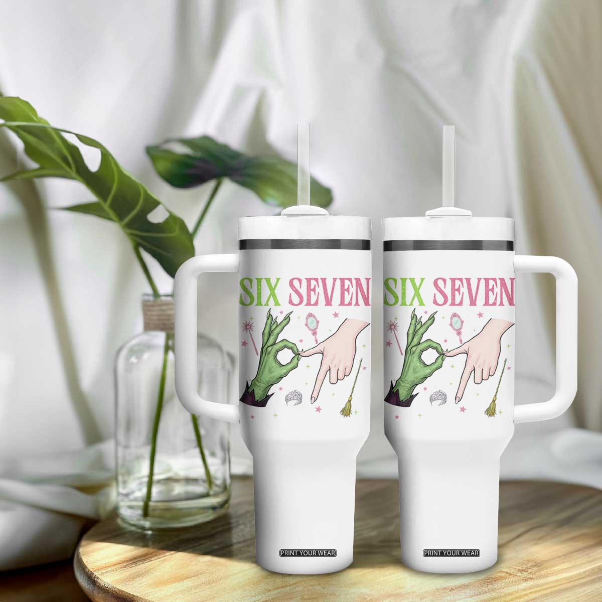 Funny Six Seven Witch Pink And Green Broomstick Magic Wand Tumbler With Handle TS11 Print Your Wear