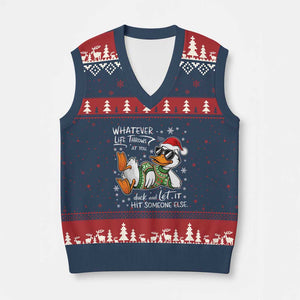 Funny Whatever Life Throws At You Duck And Let It Hit Someone Else Xmas V-Neck Knit Sweater Vest TS11 Navy Red Print Your Wear