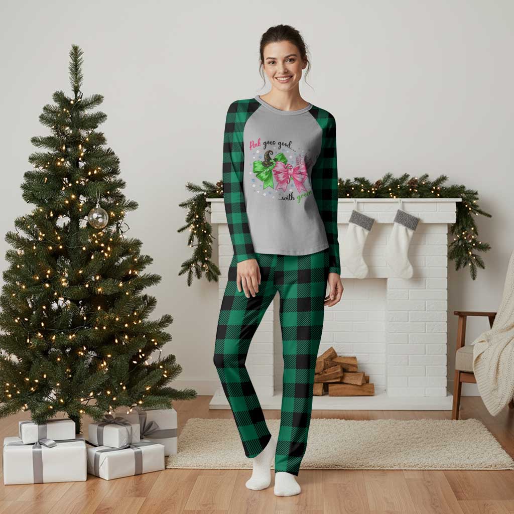Funny Christmas Witch Pink Goes Good With Green Plaid Pajama Set - Print Your Wear