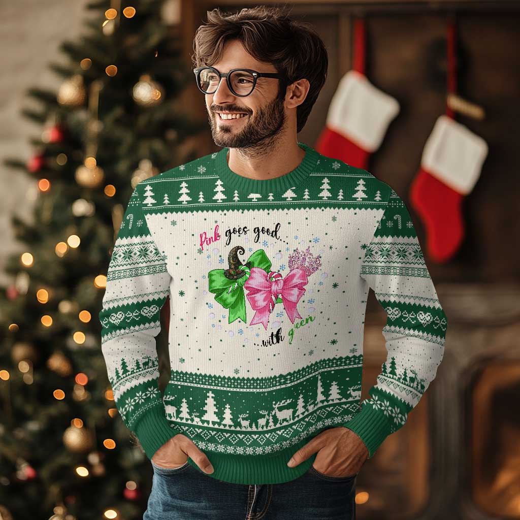 Funny Christmas Witch Pink Goes Good With Green Ugly Christmas Sweater TS11 Beige Green Print Your Wear