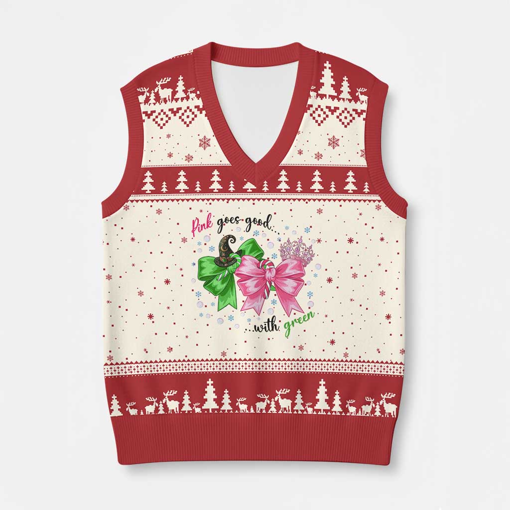 Funny Christmas Witch Pink Goes Good With Green V-Neck Knit Sweater Vest TS11 Beige Red Print Your Wear