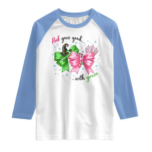 Funny Christmas Witch Pink Goes Good With Green Raglan Shirt TS11 White Carolina Blue Print Your Wear