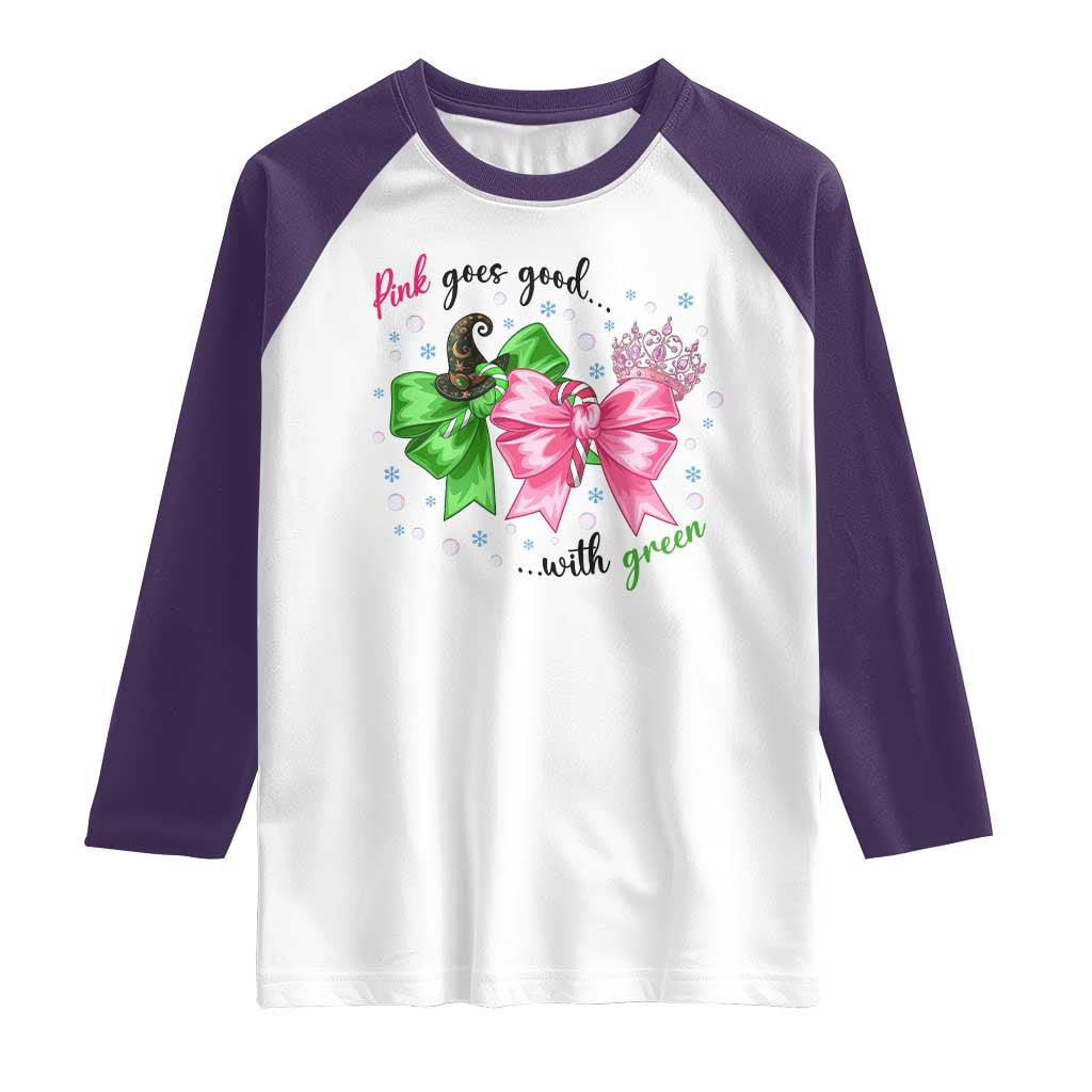 Funny Christmas Witch Pink Goes Good With Green Raglan Shirt TS11 White Purple Print Your Wear