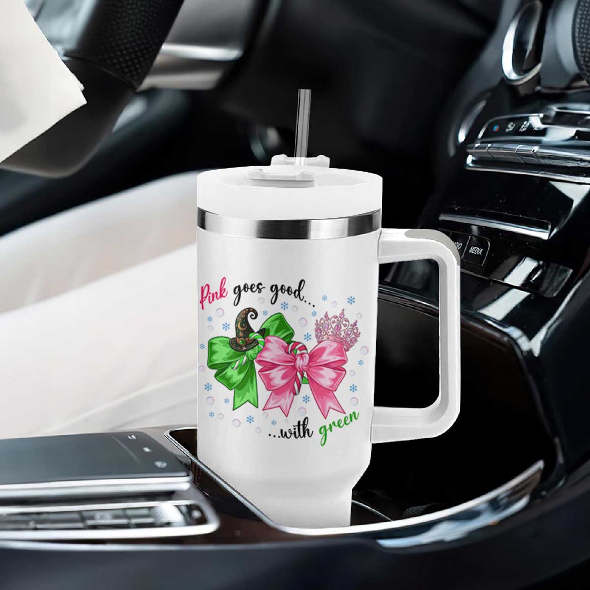 Funny Christmas Witch Pink Goes Good With Green Tumbler With Handle TS11 Print Your Wear