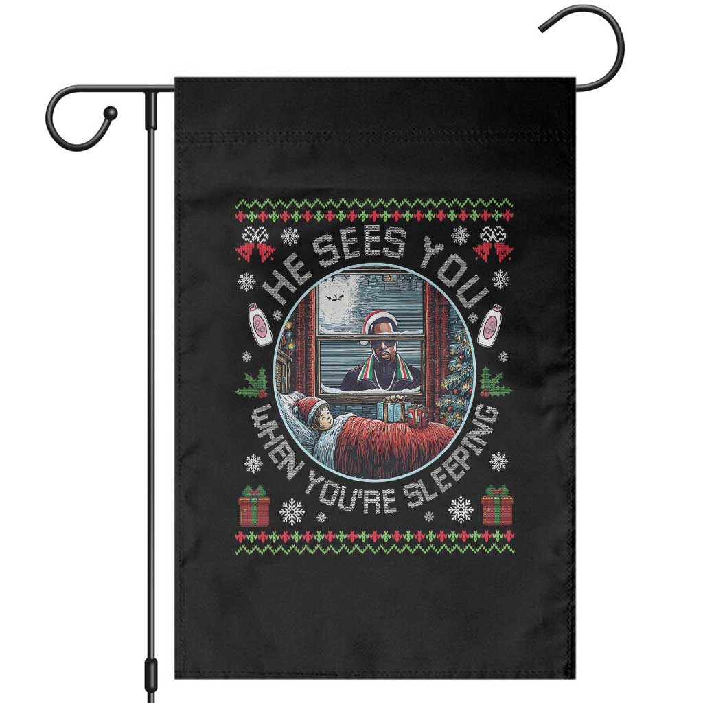 Funny Christmas Diddy Garden Flag He Sees You When You Are Sleeping Baby Oil Ugly Xmas TS11 Black Print Your Wear