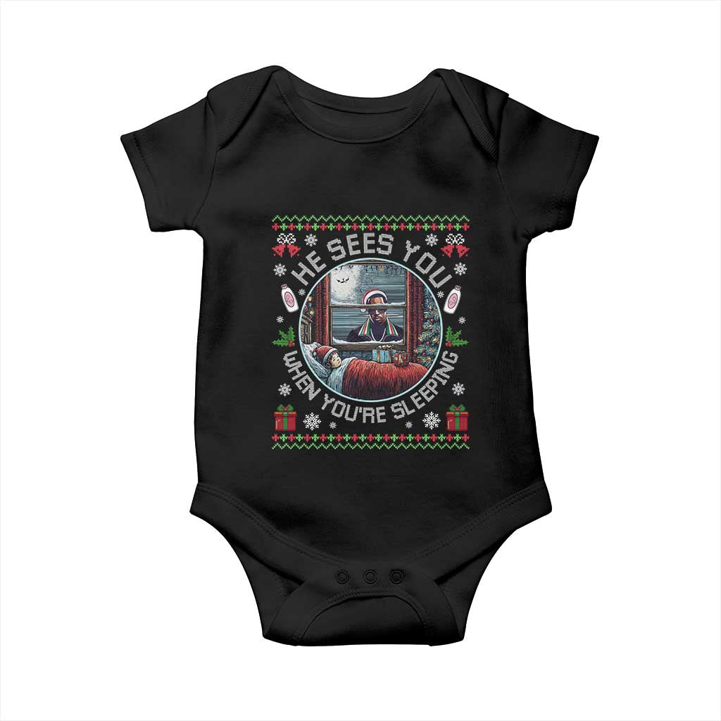 Funny Christmas Diddy Baby Onesie He Sees You When You Are Sleeping Baby Oil Ugly Xmas TS11 Black Print Your Wear