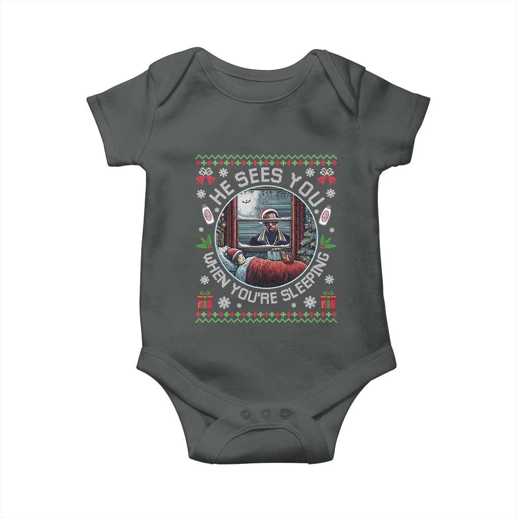 Funny Christmas Diddy Baby Onesie He Sees You When You Are Sleeping Baby Oil Ugly Xmas TS11 Dark Heather Print Your Wear