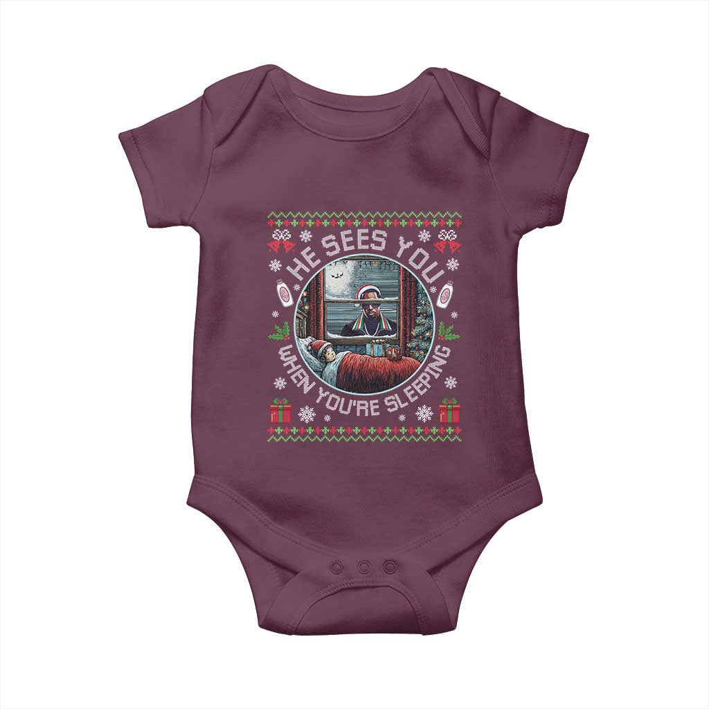 Funny Christmas Diddy Baby Onesie He Sees You When You Are Sleeping Baby Oil Ugly Xmas TS11 Maroon Print Your Wear