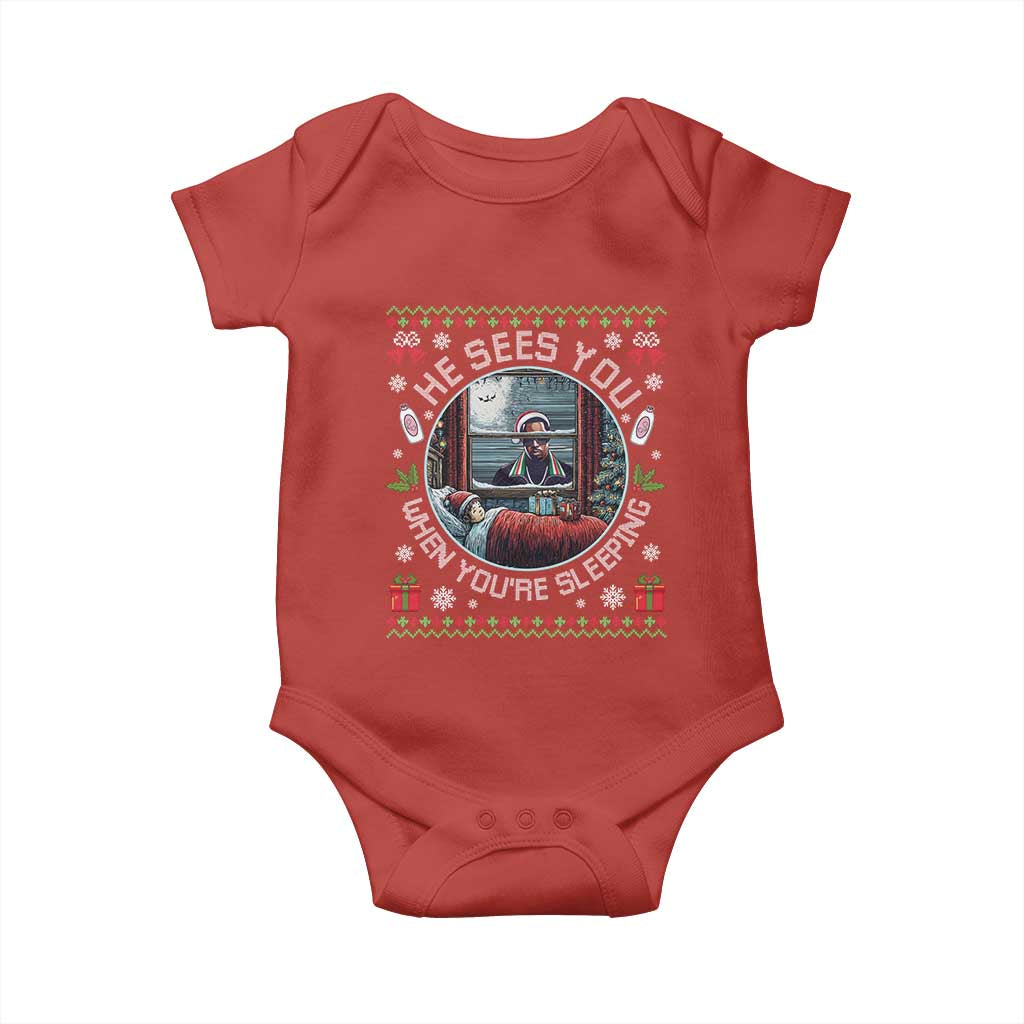 Funny Christmas Diddy Baby Onesie He Sees You When You Are Sleeping Baby Oil Ugly Xmas TS11 Red Print Your Wear