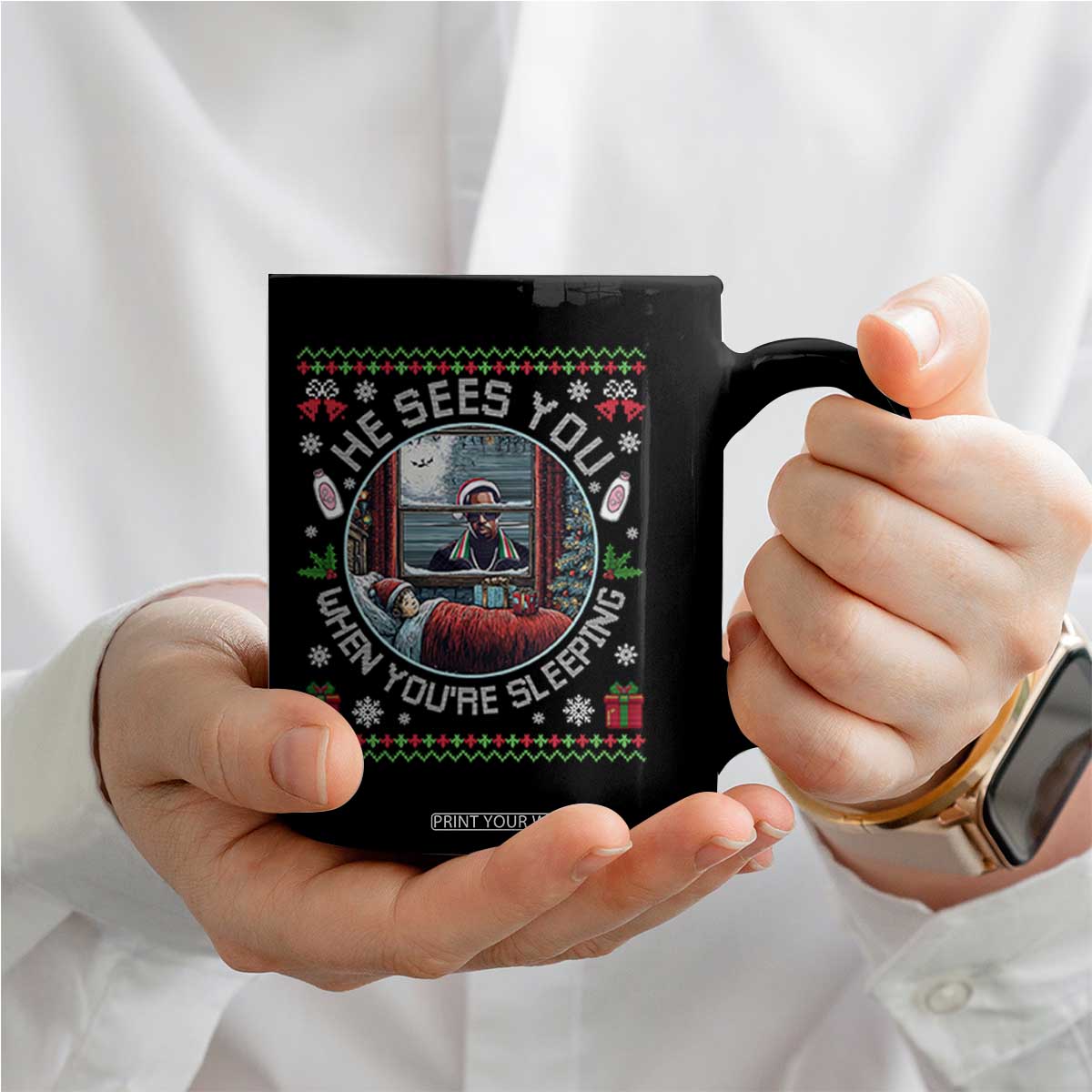 Funny Christmas Diddy Coffee Mug He Sees You When You Are Sleeping Baby Oil Ugly Xmas TS11 Print Your Wear