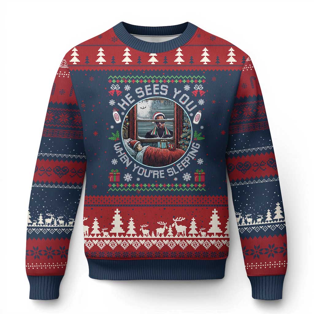 Funny Xmas Diddy Ugly Christmas Sweater He Sees You When You Are Sleeping Baby Oil Ugly Xmas TS11 Navy Red Print Your Wear