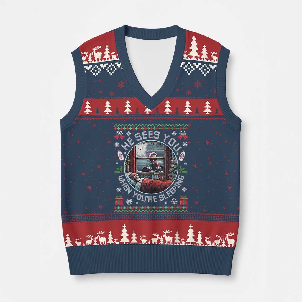 Funny Xmas Diddy V-Neck Knit Sweater Vest He Sees You When You Are Sleeping Baby Oil Ugly Xmas TS11 Navy Red Print Your Wear
