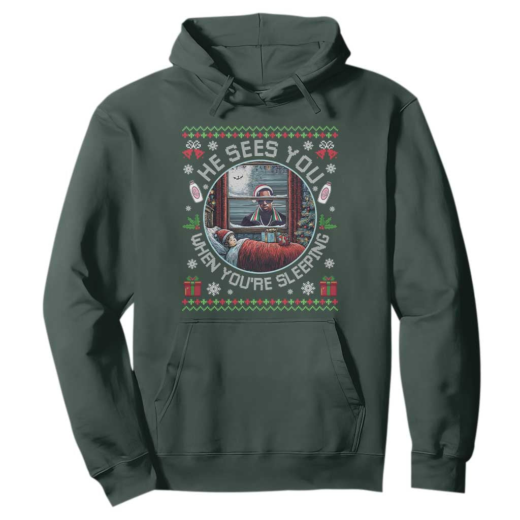Funny Christmas Diddy Hoodie He Sees You When You Are Sleeping Baby Oil Ugly Xmas TS11 Dark Forest Green Print Your Wear