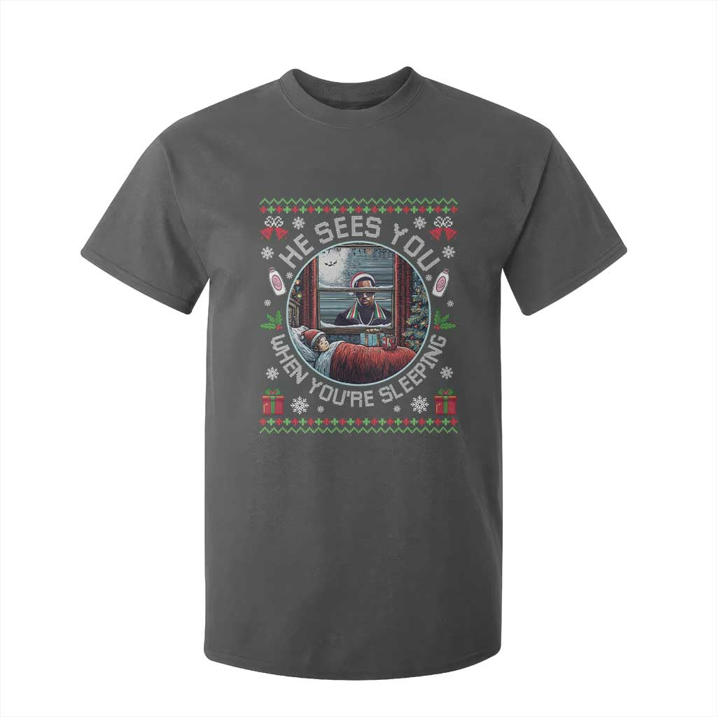 Funny Christmas Diddy T Shirt For Kid He Sees You When You Are Sleeping Baby Oil Ugly Xmas TS11 Dark Heather Print Your Wear