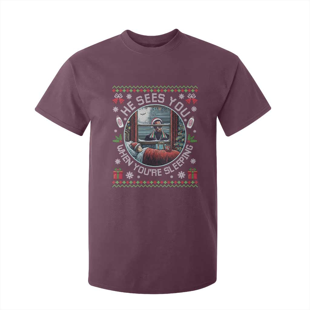 Funny Christmas Diddy T Shirt For Kid He Sees You When You Are Sleeping Baby Oil Ugly Xmas TS11 Maroon Print Your Wear
