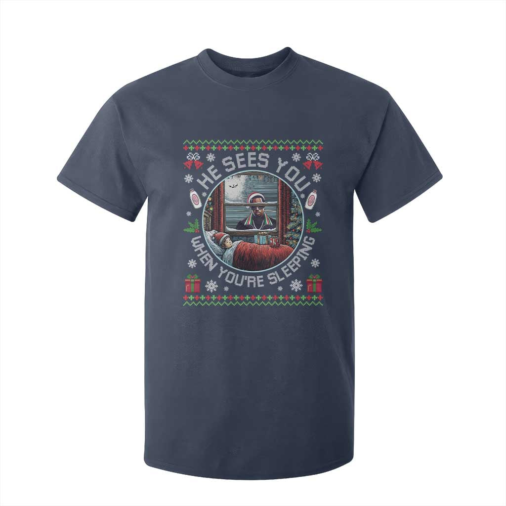 Funny Christmas Diddy T Shirt For Kid He Sees You When You Are Sleeping Baby Oil Ugly Xmas TS11 Navy Print Your Wear