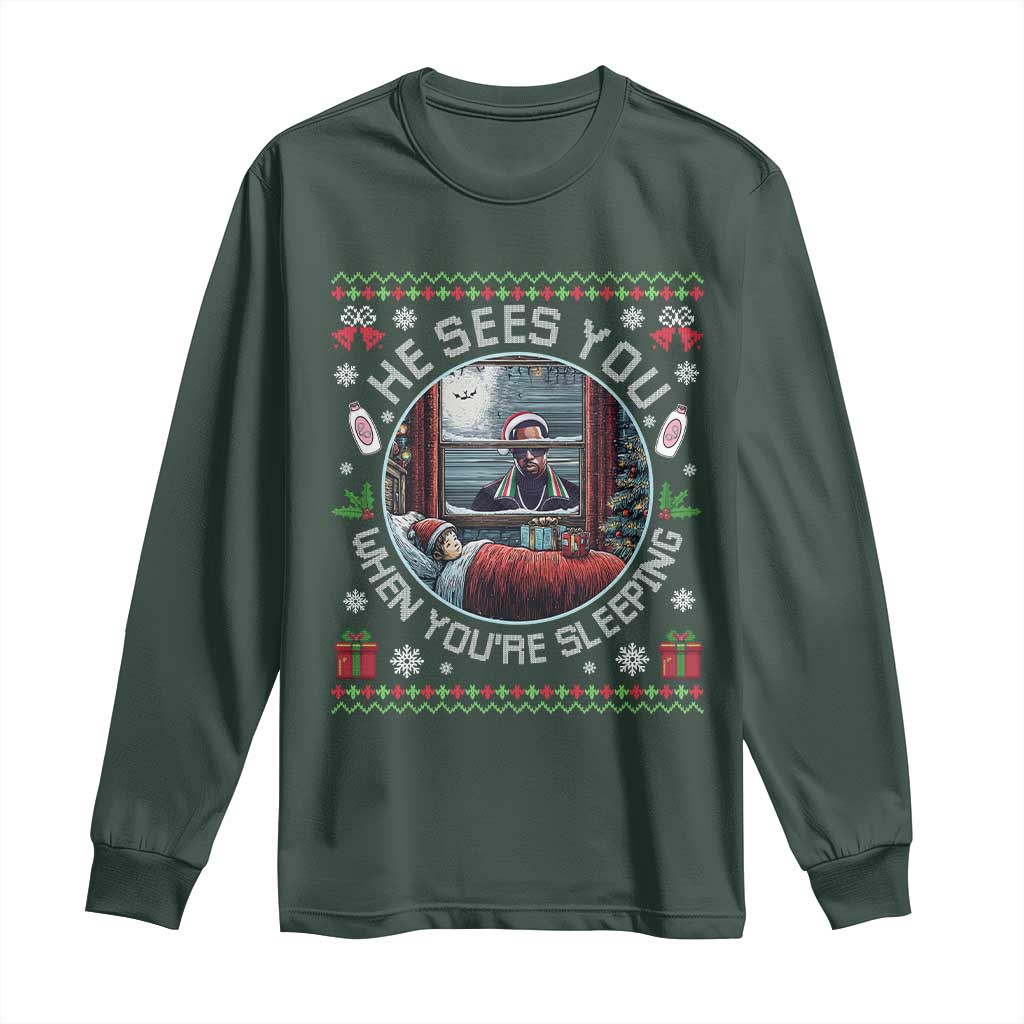 Funny Christmas Diddy Long Sleeve Shirt He Sees You When You Are Sleeping Baby Oil Ugly Xmas TS11 Dark Forest Green Print Your Wear