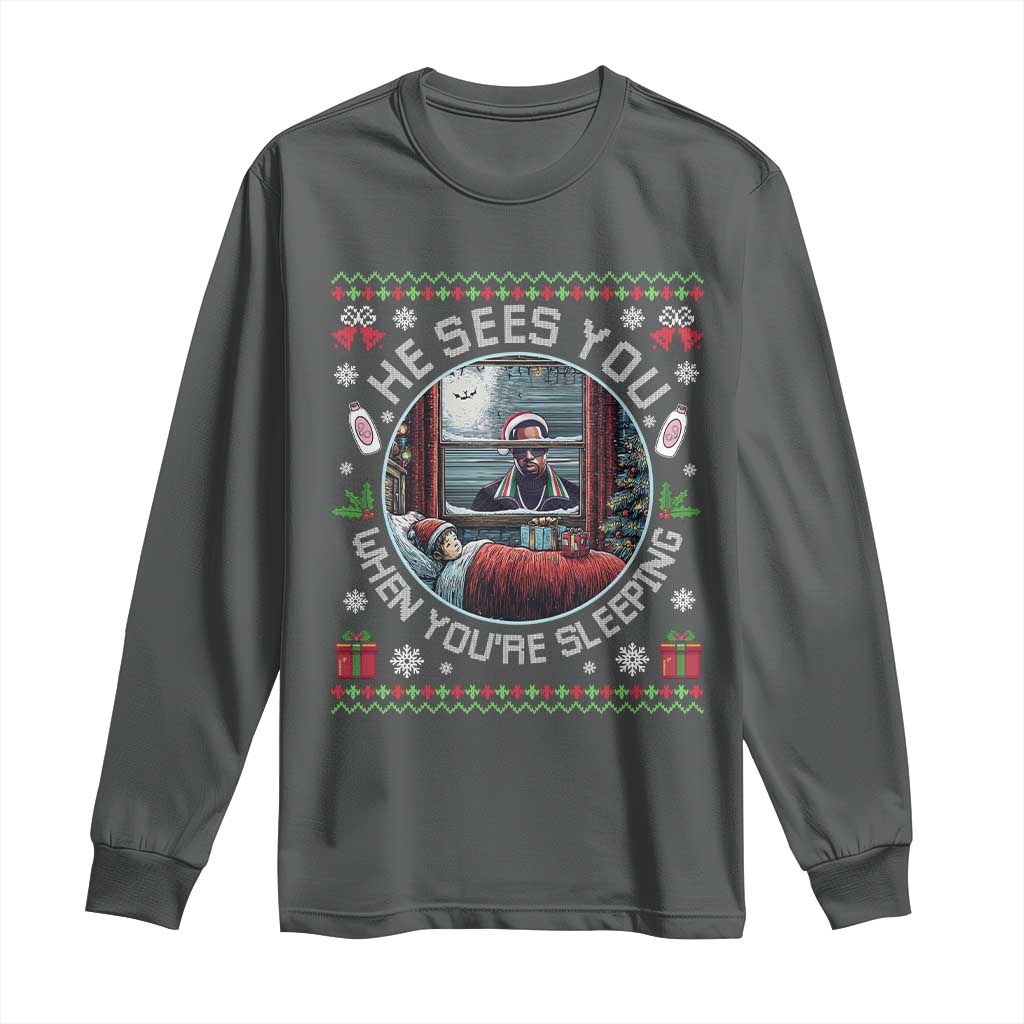 Funny Christmas Diddy Long Sleeve Shirt He Sees You When You Are Sleeping Baby Oil Ugly Xmas TS11 Dark Heather Print Your Wear