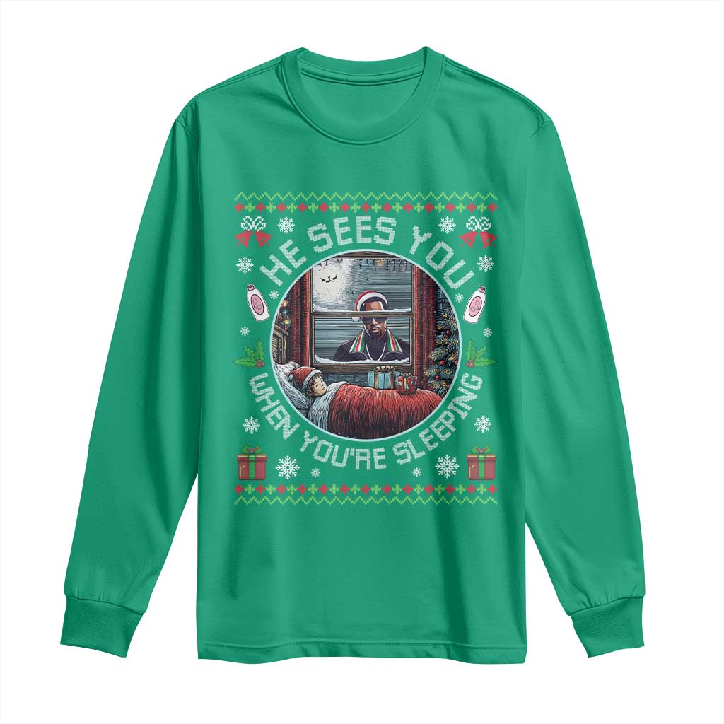 Funny Christmas Diddy Long Sleeve Shirt He Sees You When You Are Sleeping Baby Oil Ugly Xmas TS11 Irish Green Print Your Wear
