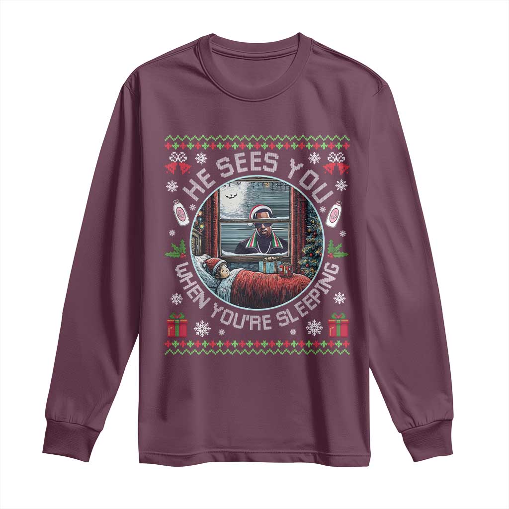 Funny Christmas Diddy Long Sleeve Shirt He Sees You When You Are Sleeping Baby Oil Ugly Xmas TS11 Maroon Print Your Wear