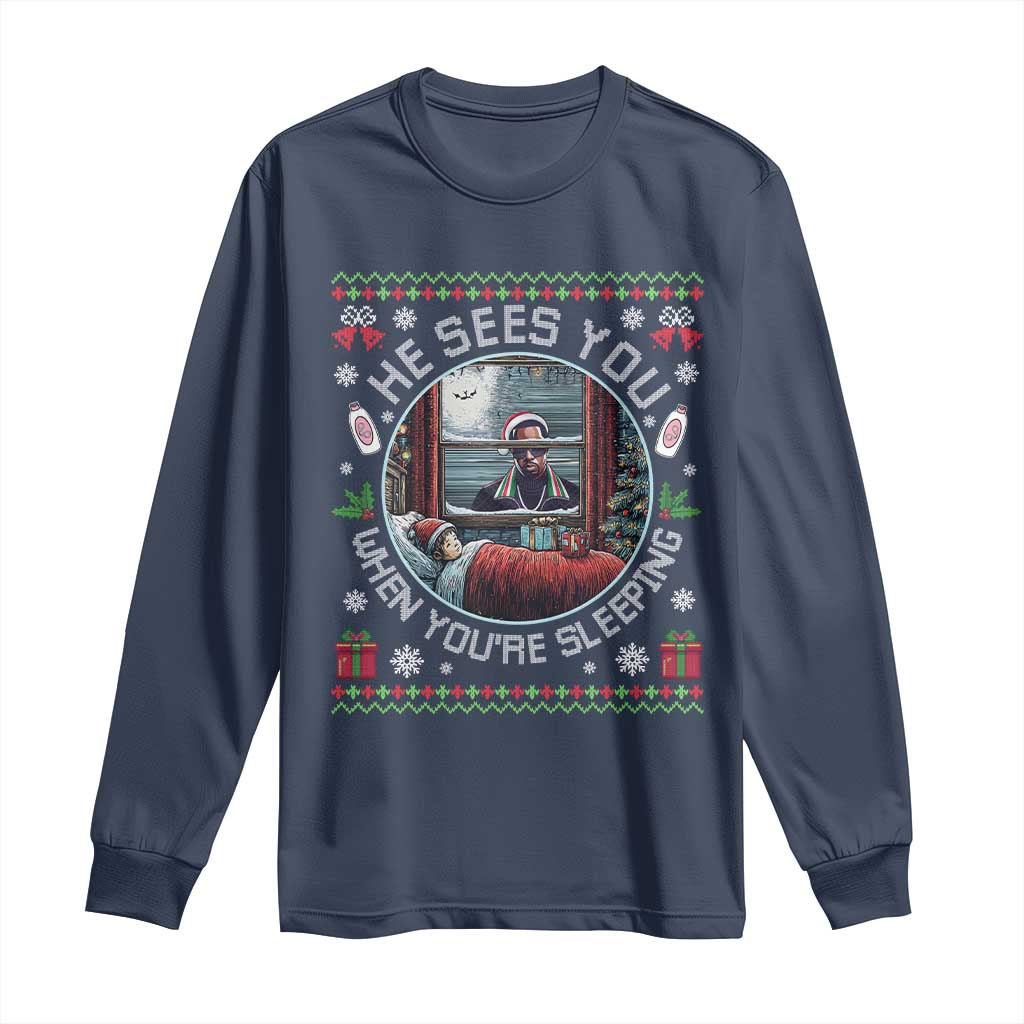 Funny Christmas Diddy Long Sleeve Shirt He Sees You When You Are Sleeping Baby Oil Ugly Xmas TS11 Navy Print Your Wear