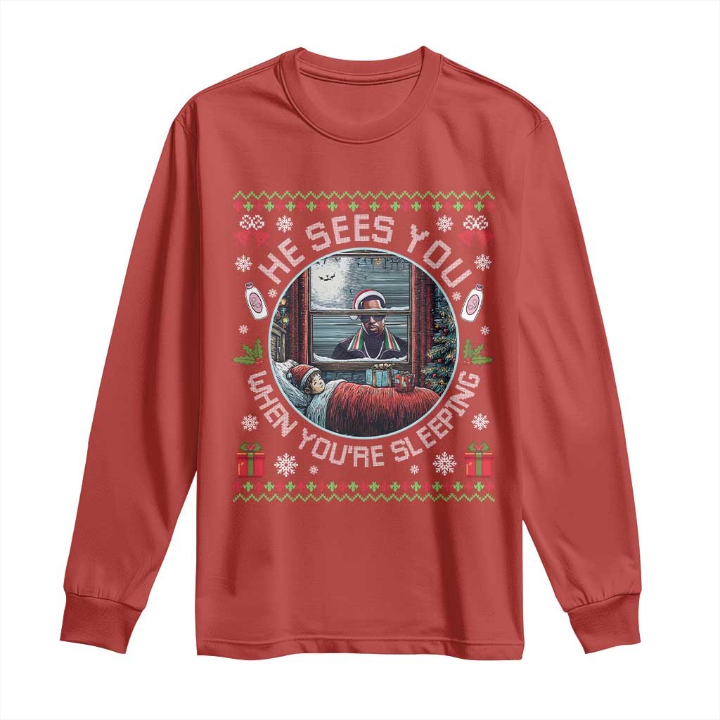 Funny Christmas Diddy Long Sleeve Shirt He Sees You When You Are Sleeping Baby Oil Ugly Xmas TS11 Red Print Your Wear