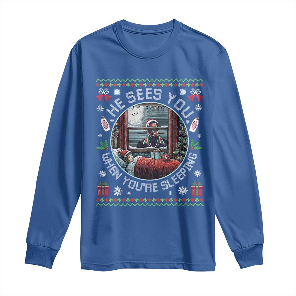 Funny Christmas Diddy Long Sleeve Shirt He Sees You When You Are Sleeping Baby Oil Ugly Xmas TS11 Royal Blue Print Your Wear