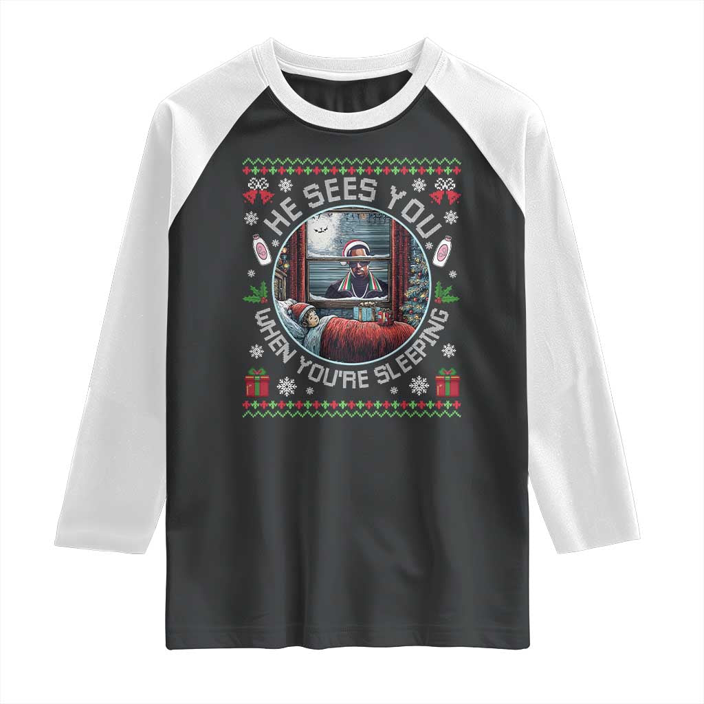 Funny Christmas Diddy Raglan Shirt He Sees You When You Are Sleeping Baby Oil Ugly Xmas TS11 Black White Print Your Wear