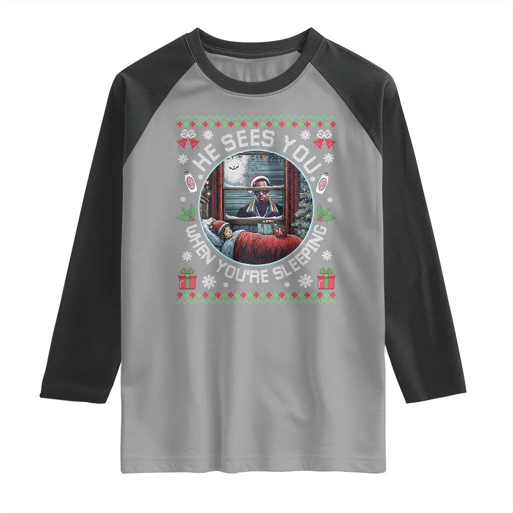Funny Christmas Diddy Raglan Shirt He Sees You When You Are Sleeping Baby Oil Ugly Xmas TS11 Sport Gray Black Print Your Wear