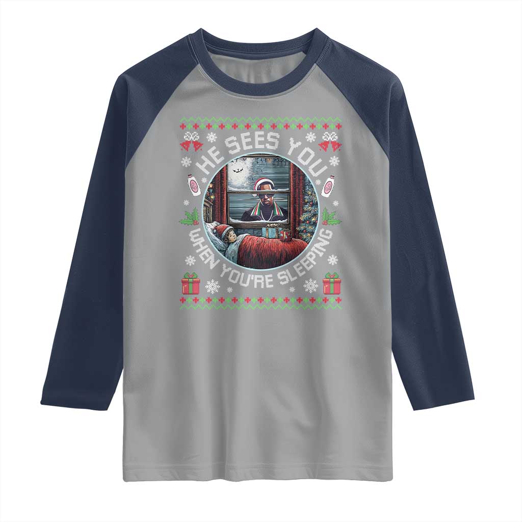 Funny Christmas Diddy Raglan Shirt He Sees You When You Are Sleeping Baby Oil Ugly Xmas TS11 Sport Gray Navy Print Your Wear