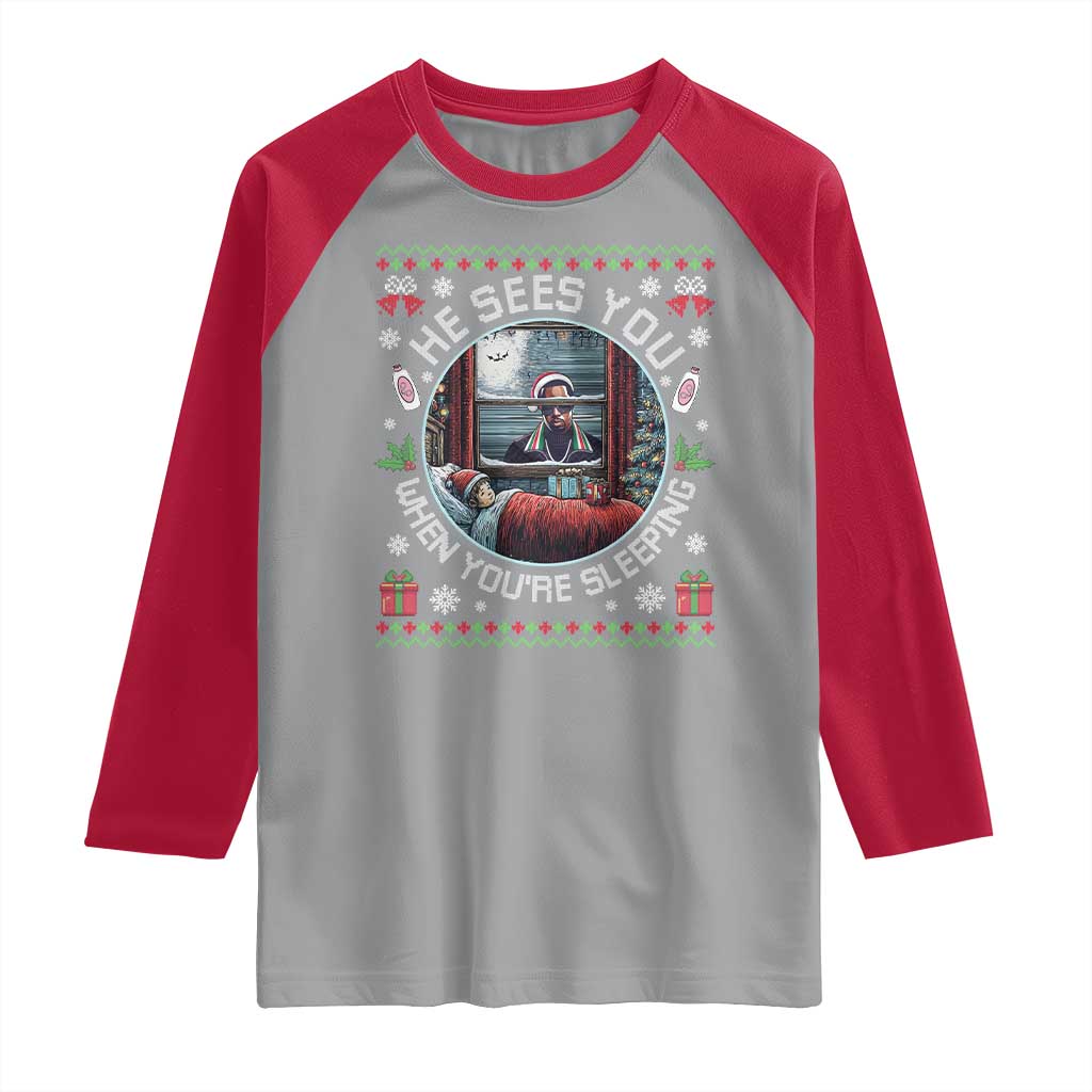 Funny Christmas Diddy Raglan Shirt He Sees You When You Are Sleeping Baby Oil Ugly Xmas TS11 Sport Gray Red Print Your Wear