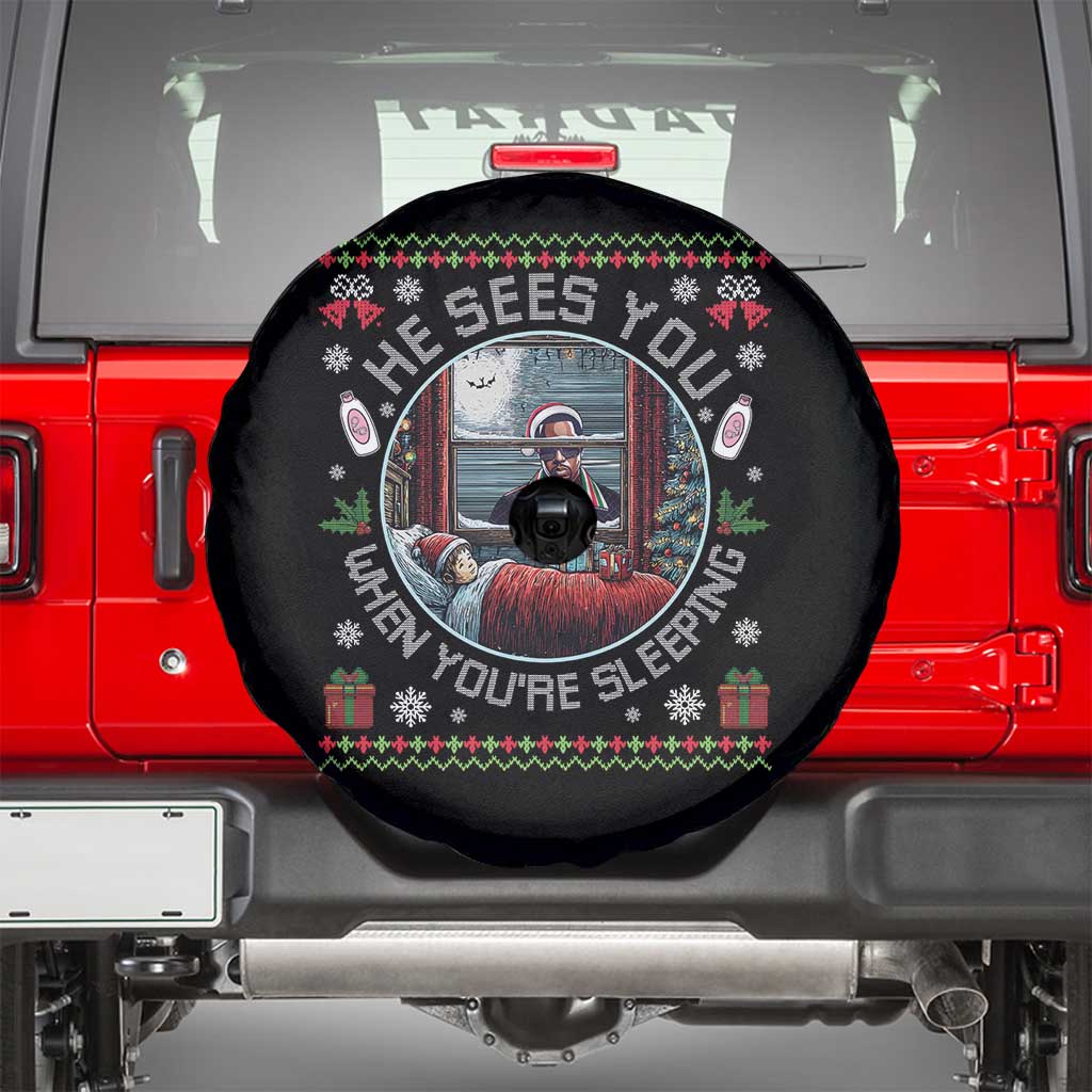 Funny Christmas Diddy Spare Tire Cover He Sees You When You Are Sleeping Baby Oil Ugly Xmas TS11 Black Print Your Wear