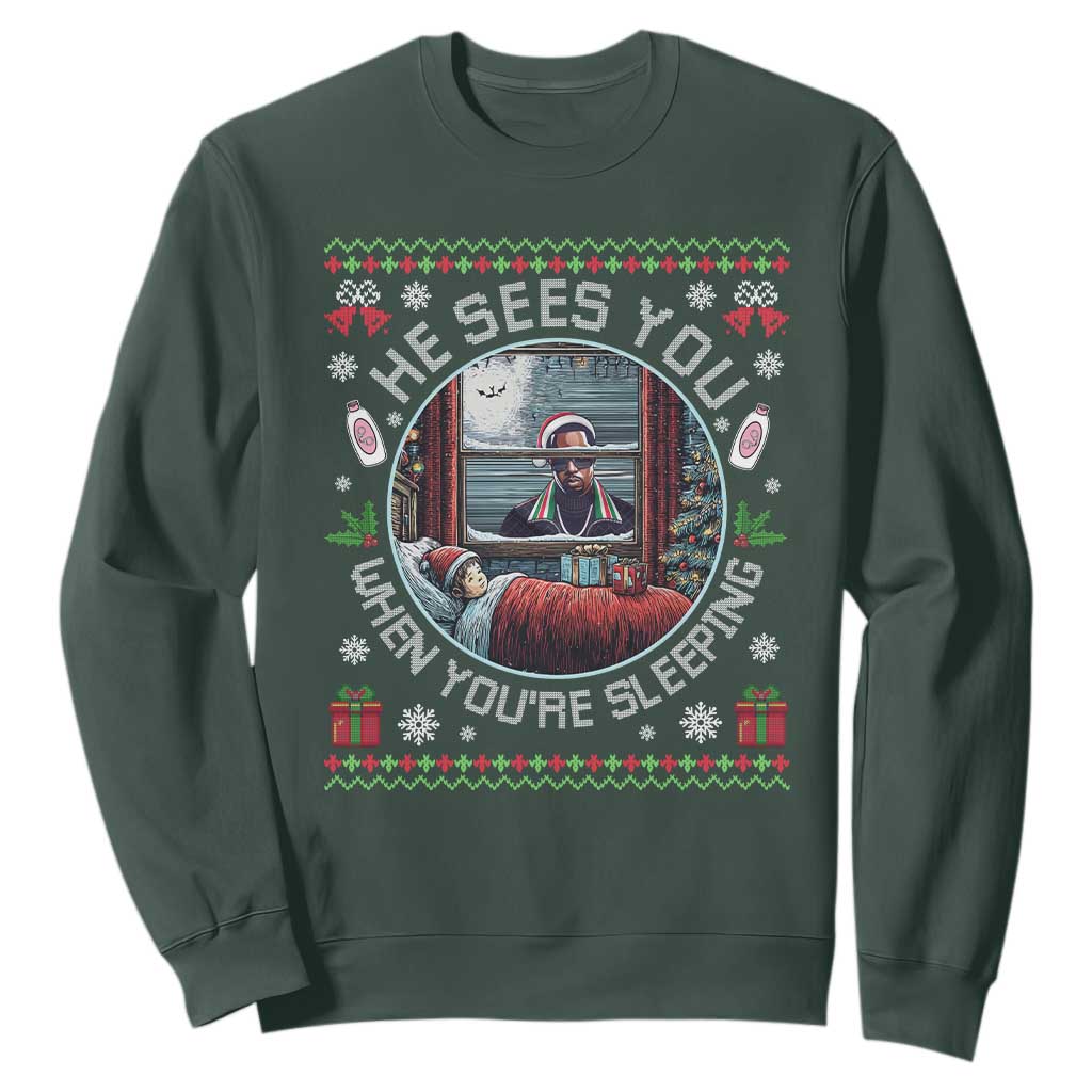 Funny Christmas Diddy Sweatshirt He Sees You When You Are Sleeping Baby Oil Ugly Xmas TS11 Dark Forest Green Print Your Wear