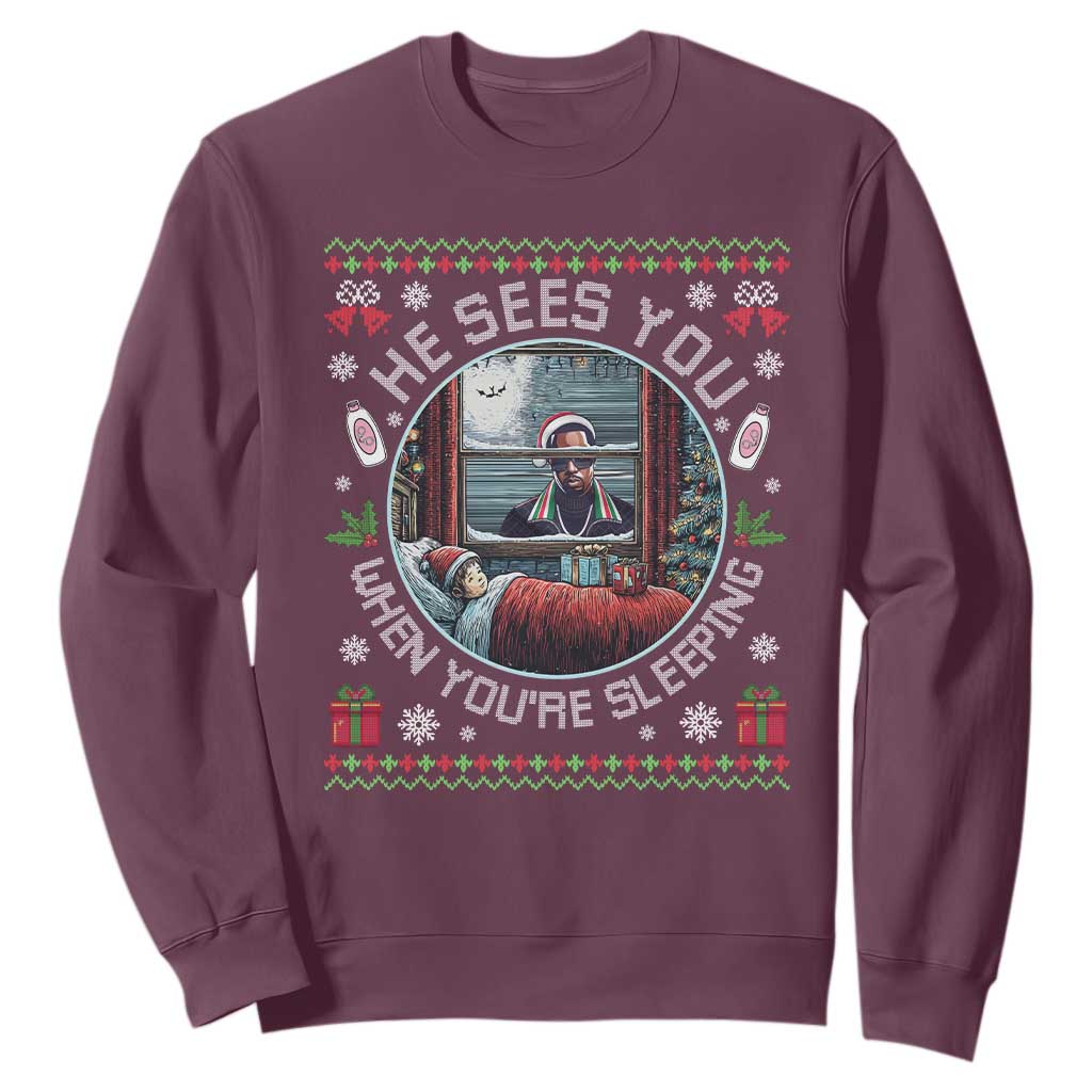 Funny Christmas Diddy Sweatshirt He Sees You When You Are Sleeping Baby Oil Ugly Xmas TS11 Maroon Print Your Wear