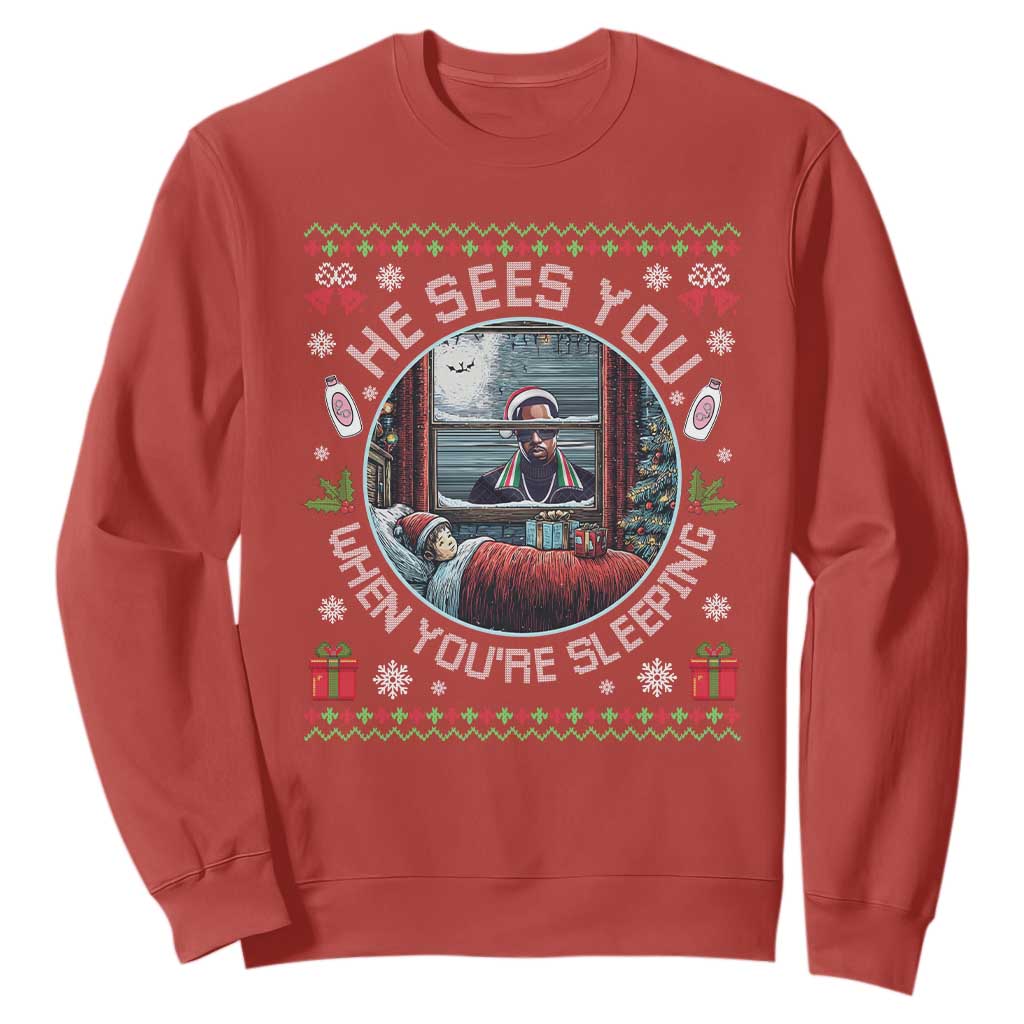 Funny Christmas Diddy Sweatshirt He Sees You When You Are Sleeping Baby Oil Ugly Xmas TS11 Red Print Your Wear