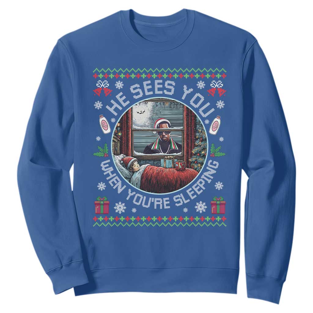 Funny Christmas Diddy Sweatshirt He Sees You When You Are Sleeping Baby Oil Ugly Xmas TS11 Royal Blue Print Your Wear