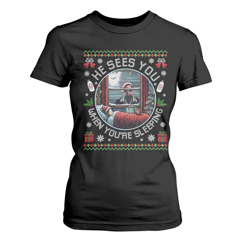 Funny Christmas Diddy T Shirt For Women He Sees You When You Are Sleeping Baby Oil Ugly Xmas TS11 Black Print Your Wear