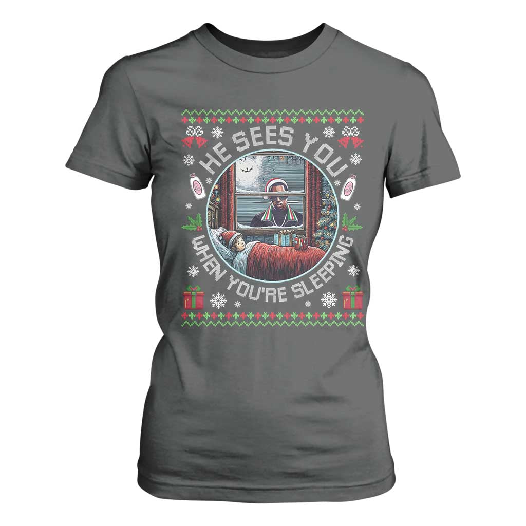 Funny Christmas Diddy T Shirt For Women He Sees You When You Are Sleeping Baby Oil Ugly Xmas TS11 Dark Heather Print Your Wear
