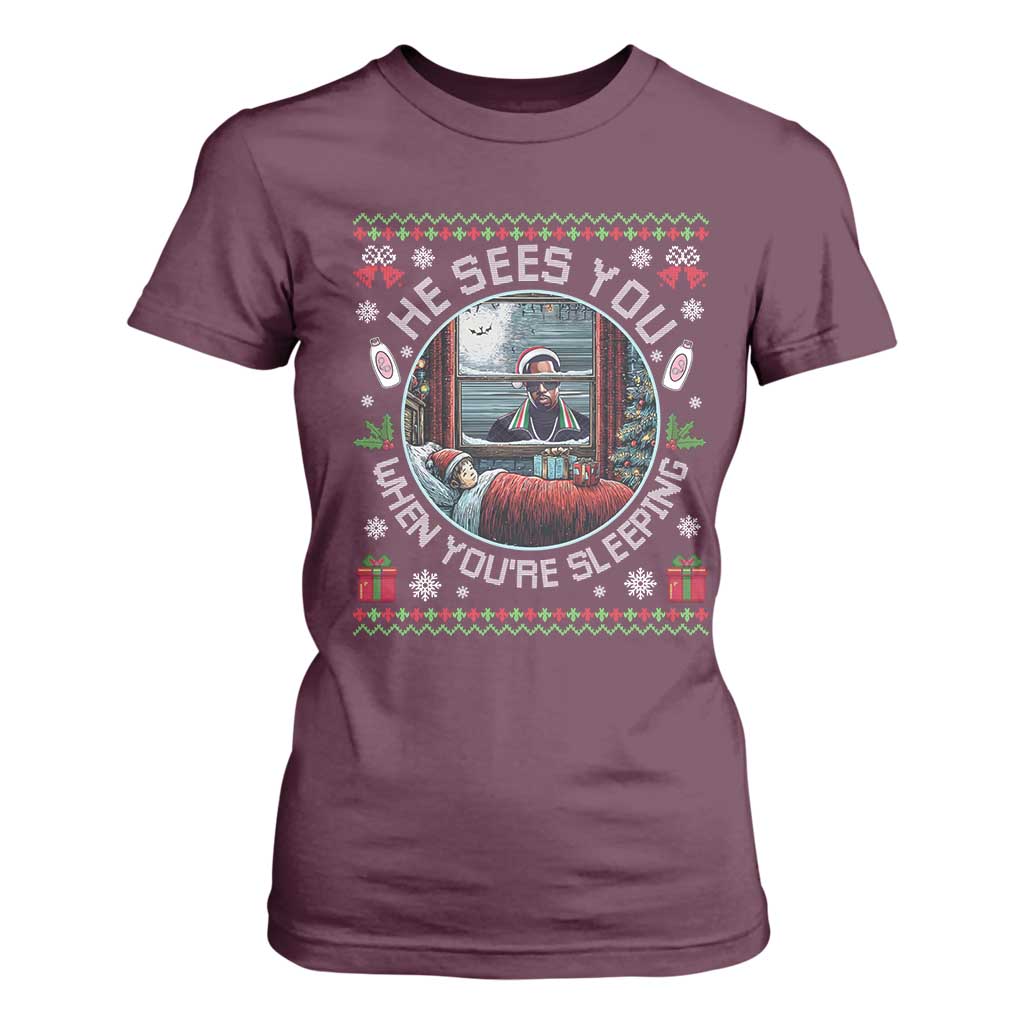 Funny Christmas Diddy T Shirt For Women He Sees You When You Are Sleeping Baby Oil Ugly Xmas TS11 Maroon Print Your Wear