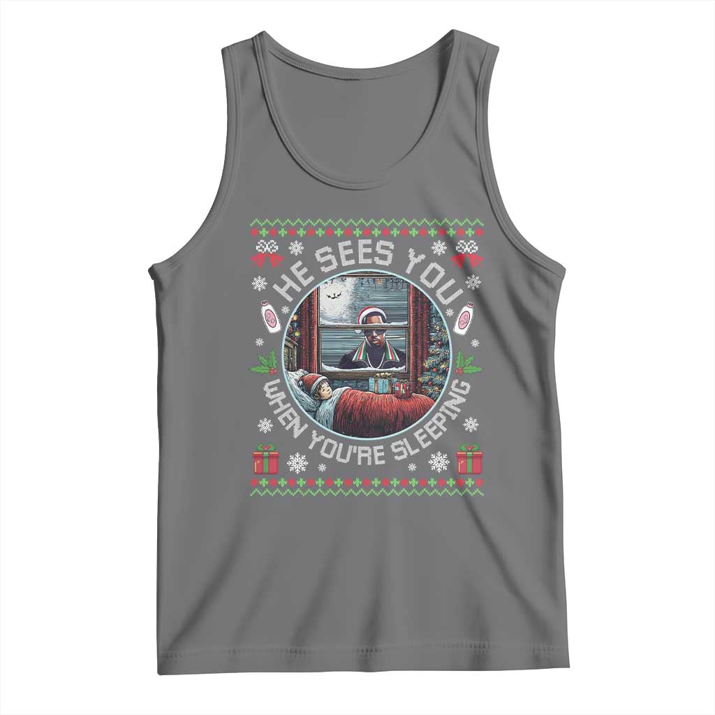 Funny Christmas Diddy Tank Top He Sees You When You Are Sleeping Baby Oil Ugly Xmas TS11 Black Heather Print Your Wear