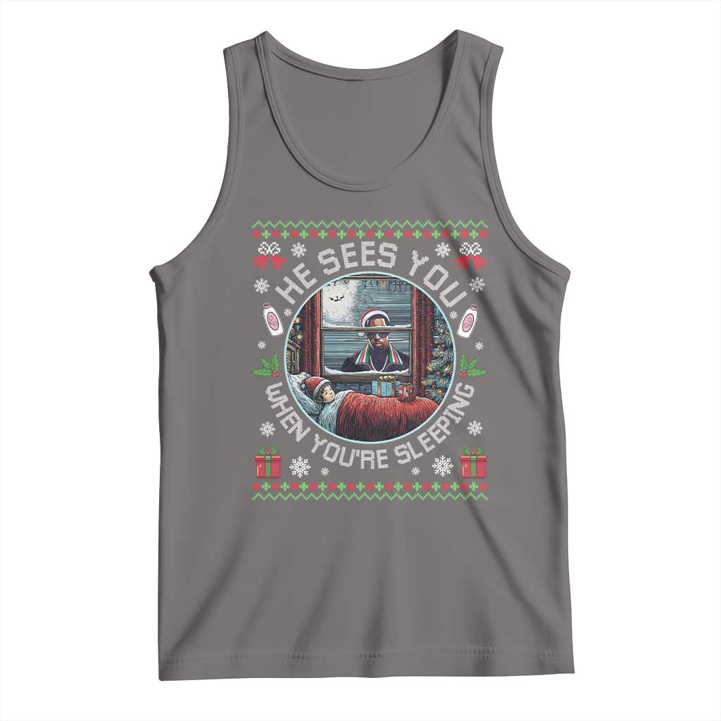 Funny Christmas Diddy Tank Top He Sees You When You Are Sleeping Baby Oil Ugly Xmas TS11 Deep Heather Print Your Wear