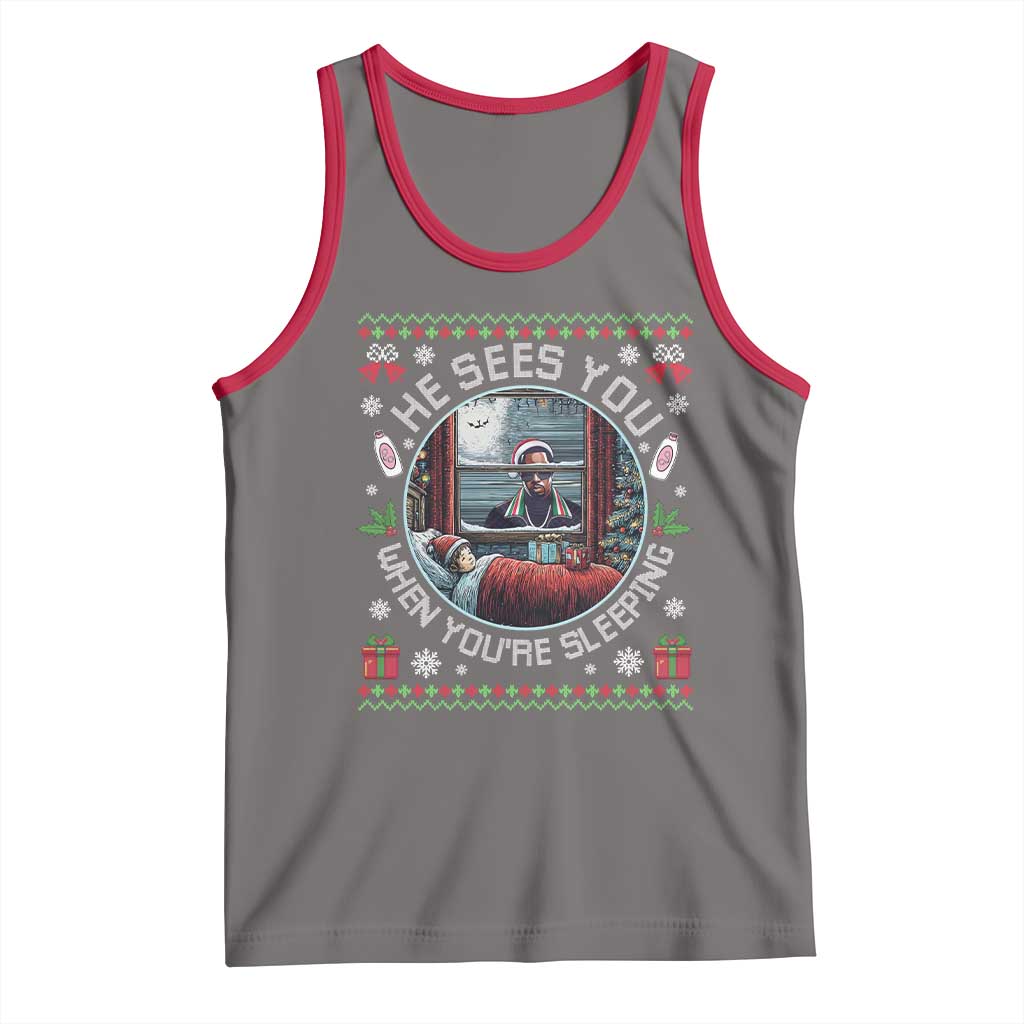 Funny Christmas Diddy Tank Top He Sees You When You Are Sleeping Baby Oil Ugly Xmas TS11 Deep Heather Red Print Your Wear
