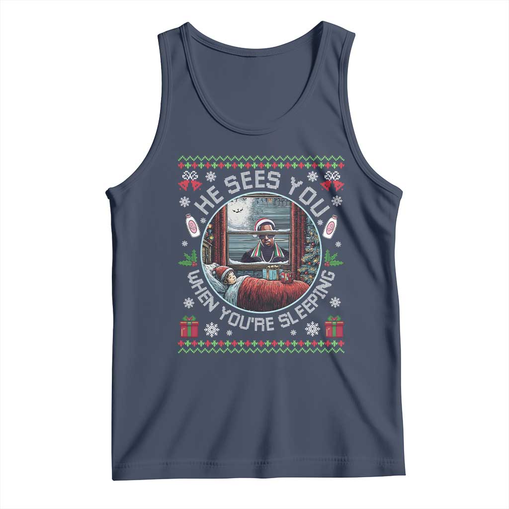 Funny Christmas Diddy Tank Top He Sees You When You Are Sleeping Baby Oil Ugly Xmas TS11 Navy Print Your Wear