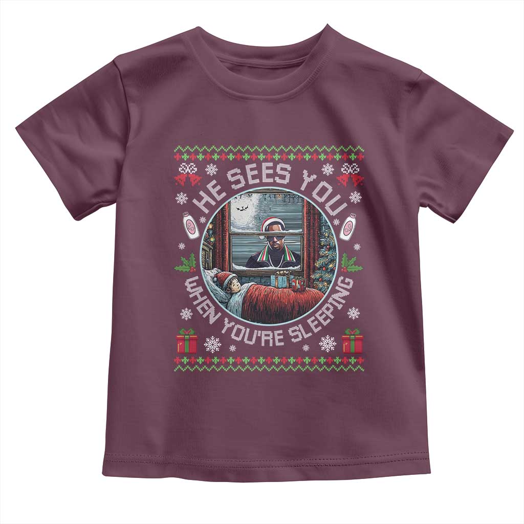 Funny Christmas Diddy Toddler T Shirt He Sees You When You Are Sleeping Baby Oil Ugly Xmas TS11 Maroon Print Your Wear