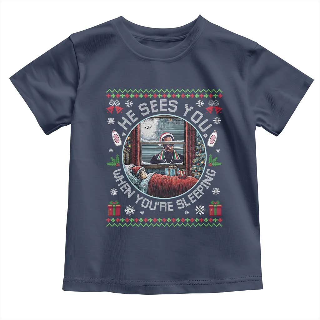 Funny Christmas Diddy Toddler T Shirt He Sees You When You Are Sleeping Baby Oil Ugly Xmas TS11 Navy Print Your Wear