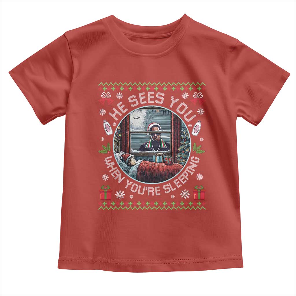 Funny Christmas Diddy Toddler T Shirt He Sees You When You Are Sleeping Baby Oil Ugly Xmas TS11 Red Print Your Wear