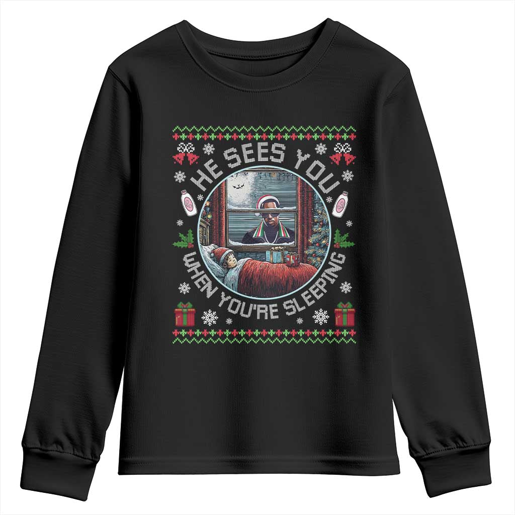 Funny Christmas Diddy Youth Sweatshirt He Sees You When You Are Sleeping Baby Oil Ugly Xmas TS11 Black Print Your Wear