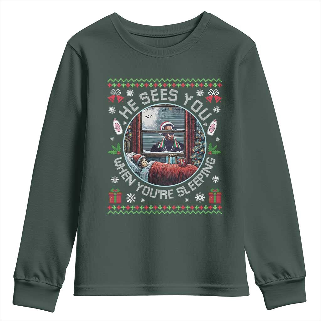 Funny Christmas Diddy Youth Sweatshirt He Sees You When You Are Sleeping Baby Oil Ugly Xmas TS11 Dark Forest Green Print Your Wear