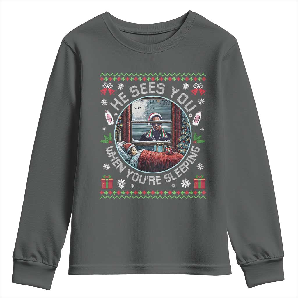 Funny Christmas Diddy Youth Sweatshirt He Sees You When You Are Sleeping Baby Oil Ugly Xmas TS11 Dark Heather Print Your Wear